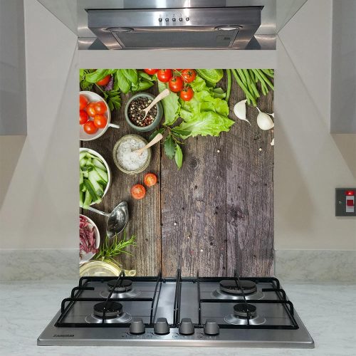 Splashback Glass Panel Kitchen, Herbs on the Wood Background, the size: w 90 x h 70cm,  SALE, 20% OFF